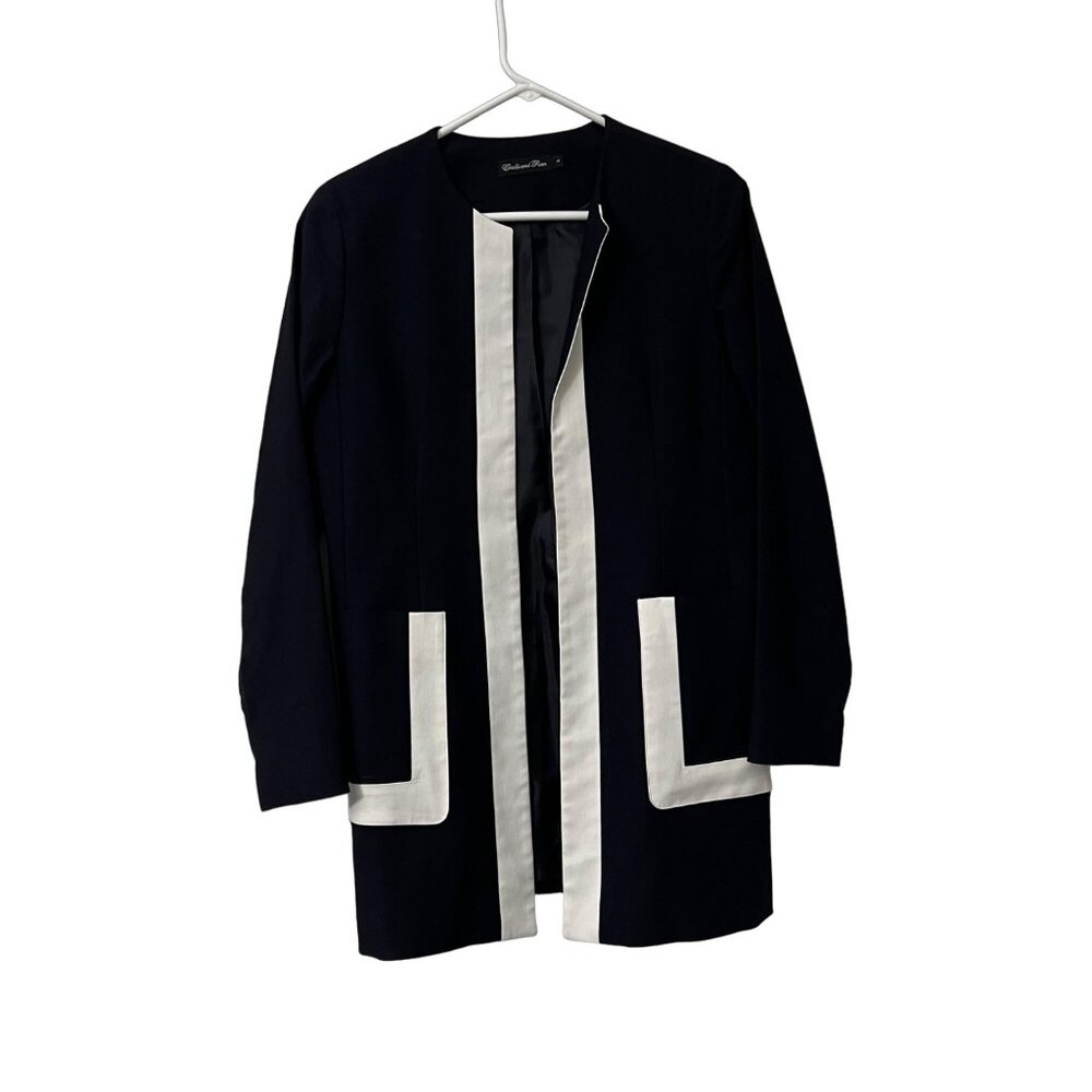 Estelle and Finn Womens Navy White Classic Chic Open Mid Length Over Coat Sz 4